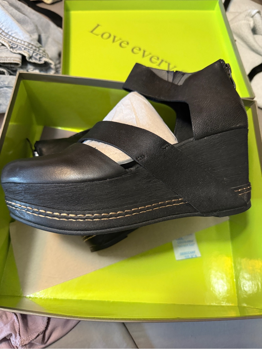 Antelope Black Leather Wedge Sandals With Crisscross Straps
